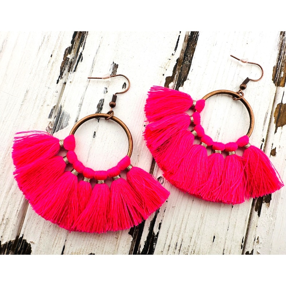 Hot Pink Tassel Fan Earrings Copper Alloy Earwires NWT